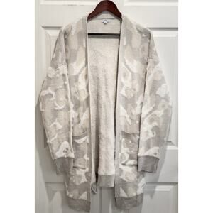Fate Open Front Cardigan Sweater Beige Grey Camouflage Print Cozy Knit Large